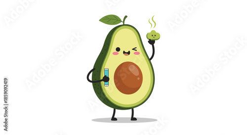 A cute cartoon avocado winks playfully, holding a smartphone and a fresh dollop of guacamole, ready for a healthy snack.