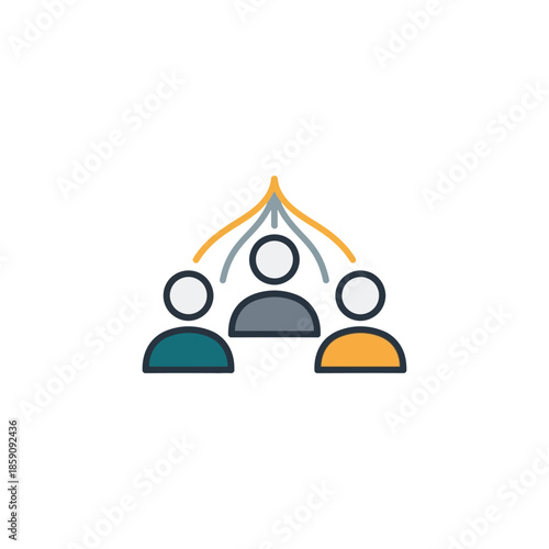 Flat design icon showing connected people, symbolizing teamwork, collaboration, and communication. Represents a network, community, and organizational structure for shared goals and interaction