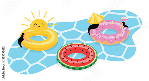 A vibrant and cheerful summer illustration of a swimming pool filled with cute, character-themed floats, perfect for a fun day in the sun.