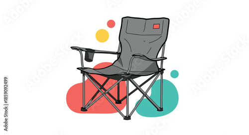 A hand-drawn illustration of a gray folding camping chair with a cup holder, set against a white background with colorful abstract shapes.