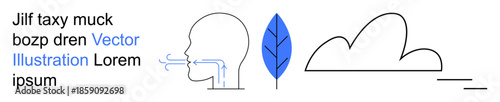 Environmental awareness, respiratory health, sustainability, clean air initiatives, nature connection, pollution control. Profile head breathing, blue leaf and a cloud. Environmental awareness
