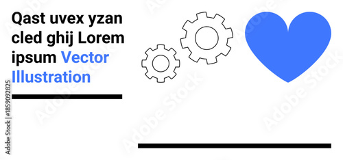 Teamwork, technology, love, innovation, collaboration, mechanics. A blue heart and two gears on a minimal background. Teamwork and technology by heart and gear icons