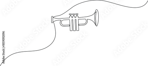 Minimalist continuous one-line drawing of a trumpet with a musical wave. Sleek black outline vector for jazz, blues, and orchestral designs.