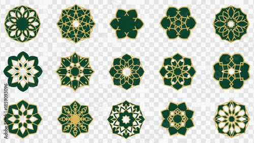 A collection of intricate Islamic geometric patterns and mandalas in green and gold, featuring symmetrical designs for decorative purposes.