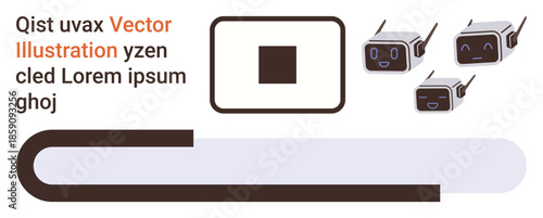 Robotics technology, AI design, digital systems, futuristic interface, tech development, automation. Square block and three robot faces with wired connections. Robotics technology and AI design