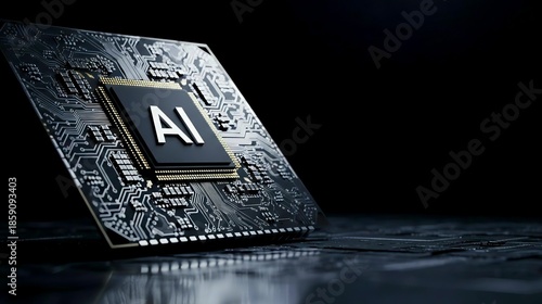 Close-up of advanced AI processor chip with intricate circuitry on dark surface. Generative AI. 