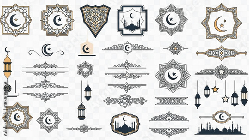 A comprehensive collection of Islamic decorative elements, featuring crescent moons, stars, mosques, lanterns, and intricate geometric patterns, ideal for cultural and religious designs.