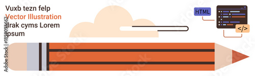 Creativity, digital design, education, programming, writing, technology. Large orange pencil with clouds and coding interface nearby. Creativity and digital design concept