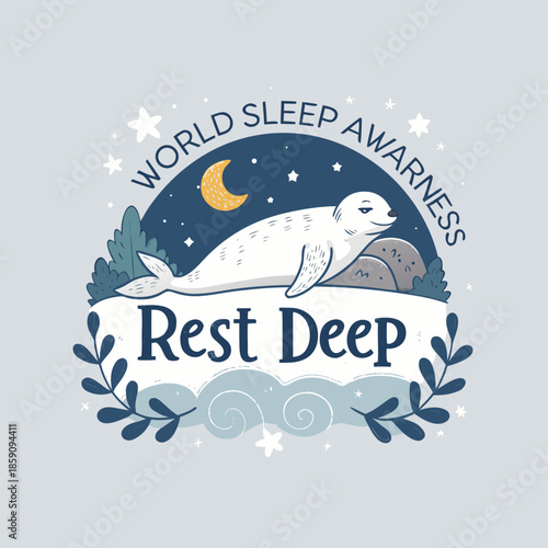 Peaceful World Sleep Awareness concept illustration featuring a tranquil seal resting deeply under a starry night sky, promoting calm and restorative sleep and wellbeing