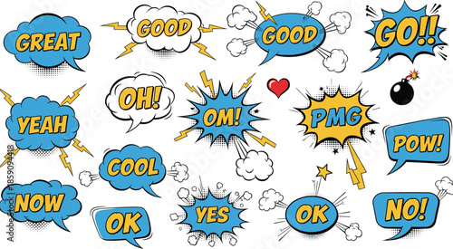 Comic speech bubbles, pop art expressions, colorful sound effects, retro comic style, dynamic typography, cartoon exclamations, comic book design -flat vector illustration