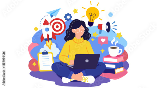 Vibrant illustration of a person coding on a laptop, surrounded by rockets, lightbulbs, stars, and coffee. Captures creativity, learning, and startup momentum in a modern, digital workspace