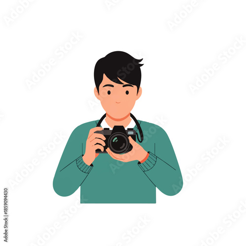 A young man, an amateur photographer, holds a camera, ready to capture moments. This simple illustration depicts a person engaged in the hobby of photography.