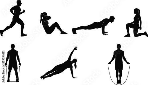 Black Silhouette Vector Set of Fitness Exercises Including Running, Push-ups, Sit-ups, Lunges, Resistance Band, Jump Rope, and Plank