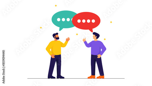 Vibrant illustration of two men engaged in a friendly conversation, depicted with teal and red speech bubbles. Perfect for topics on communication, discussion, teamwork, and social interaction