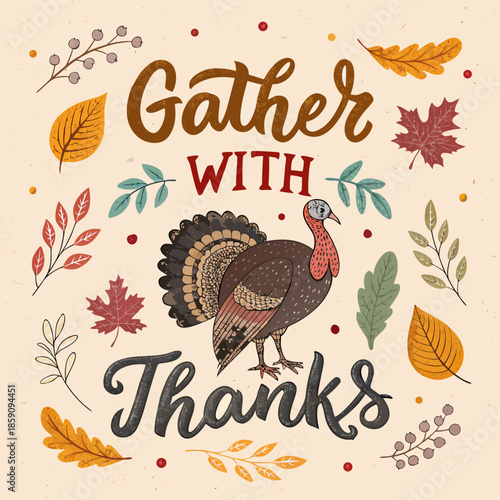 Hand-drawn illustration celebrating autumn harvest and Thanksgiving with a majestic turkey, vibrant fall leaves, and elegant calligraphy, embodying gratitude and togetherness