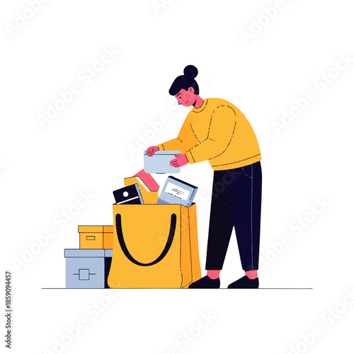 Illustration of a person organizing documents and items into a large yellow tote bag, with storage boxes nearby. Concept of packing, unpacking, shopping, or decluttering.