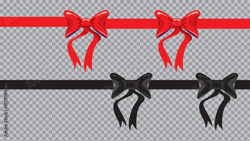 Red and black ribbons with decorative bows isolated on a transparent background
