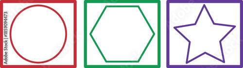 Geometric shapes in red green and purple outlines