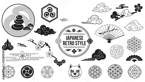 Japanese retro design, traditional motif, fox mask, cherry blossom, fan, cloud, black white line art, cultural icon -flat vector illustration