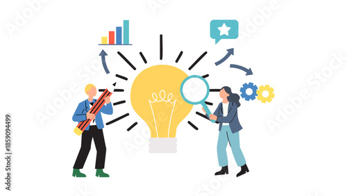 A dynamic teamwork scene shows a bright idea symbolized by a large lightbulb, a magnifying glass, and gears. Colleagues brainstorm, analyze, and plan for creative solutions and business growth