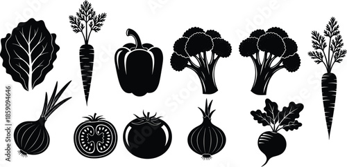 Black vegetable silhouette icons set including carrot, tomato, onion, broccoli, beet, leafy greens for healthy food design projects.