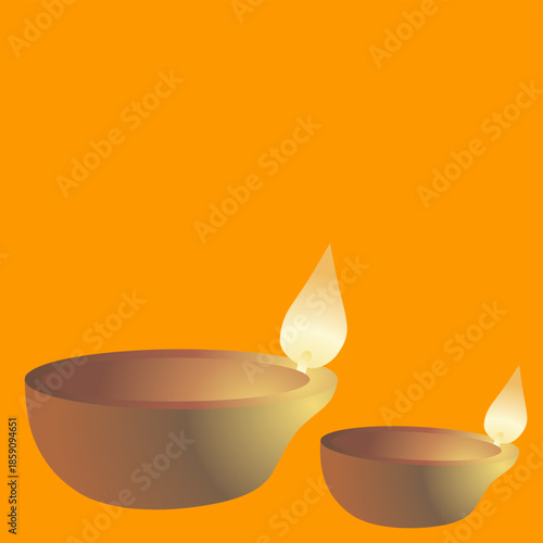 Two decorative oil lamps with golden light. Elegant vector design for greeting cards and banners for Diwali, Vesak, or other religious celebrations.