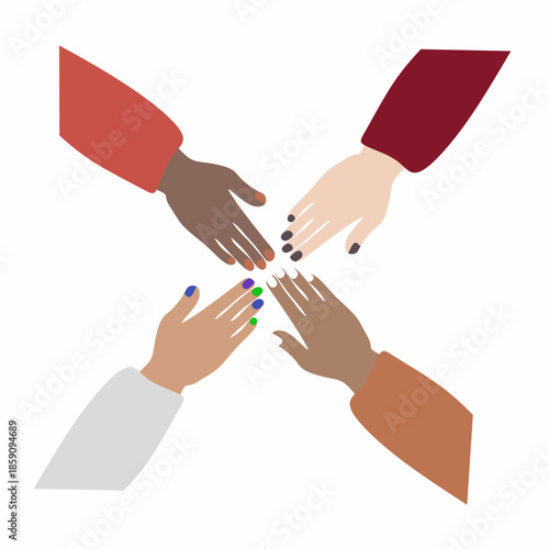 Multiracial hands joined together. Human rights and racial equality symbol. Minimalist vector art for community and brotherhood themes.
