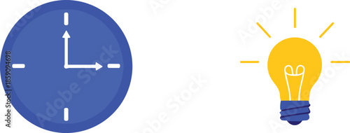 Blue analog clock showing three o’clock with yellow glowing light bulb vector