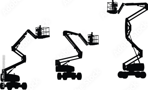 Boom lift silhouette set with workers elevated on aerial platforms for construction, maintenance, safety, industrial, and engineering vector design.