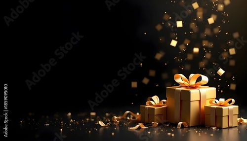 Gold Gift Boxes with Confetti on Black