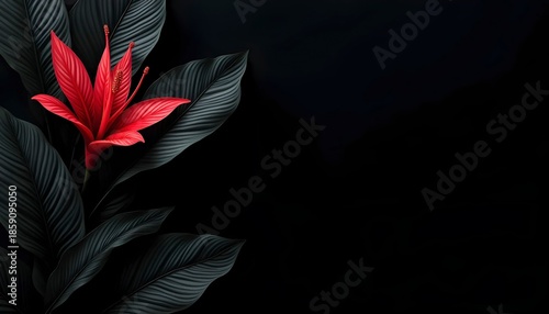 Tropical Black Leaves with Exotic Red Flower