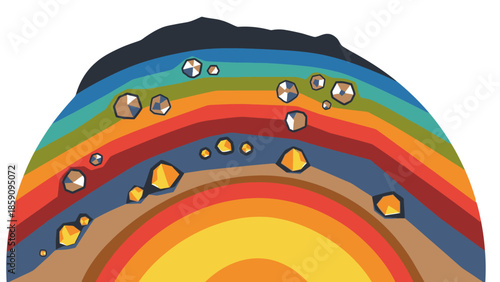 Illustration of a colorful geological deposits cross-section with various rock layers and mineral formations on a white background.