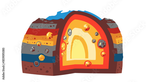 Illustration of geological deposits with colorful, layered rock formations and mineral ores on a white background, showcasing a cross-section view with a mix of earthy tones.