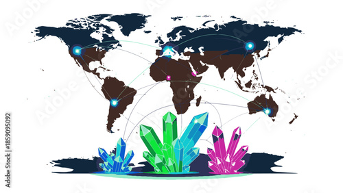 Illustration of a world map with colorful crystal formations and connected dots on a white background, symbolizing global geological deposits and connections.