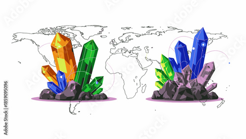 Illustration of colorful crystal clusters on geological deposits with a world map outline in the background.
