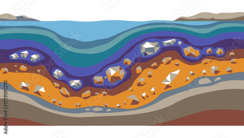 Illustration of layered geological deposits with various minerals and soil strata in a cross-section view.