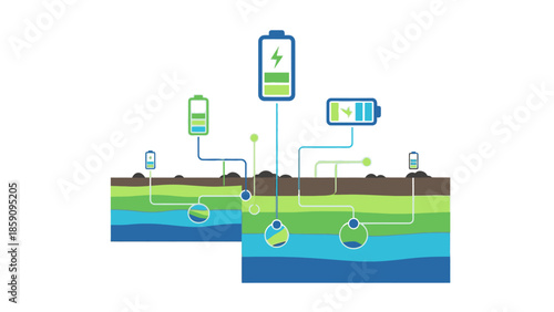 Illustration of a battery charging from geological deposits through a system of wires and tubes underground with layers of earth and water.