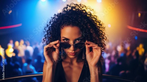 Sultry woman with curly hair glances over glasses in lively nightclub setting