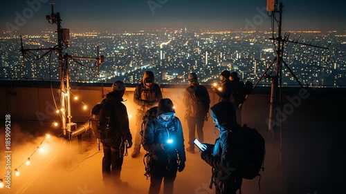 Rooftop gathering at night: a group of urban explorers with city skyline background, illuminated