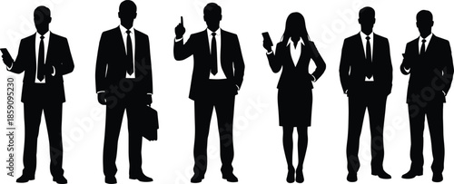 Business professional silhouette illustration with formal attire, corporate team, mobile communication, leadership gesture, office people, teamwork and career concept.