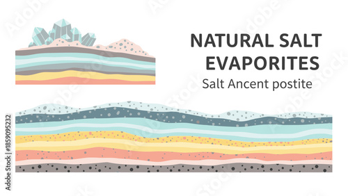 Illustration of natural salt evaporites geological deposits with colorful layered formations and salt crystals on a white background.