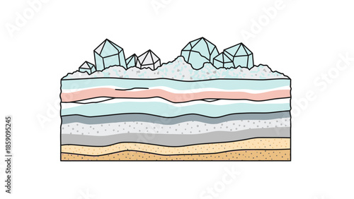 Illustration of a geological cross-section with crystalline formations and layered rock strata on a white background.