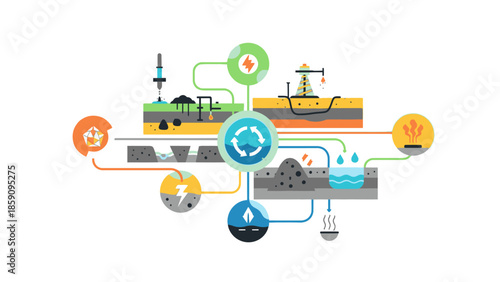 Infographic illustration showing the extraction and utilization of geological deposits in a modern industrial process with various icons and pipes.