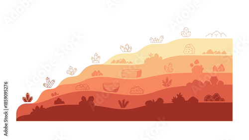 An illustration of geological deposits in a layered landscape with varying earth tones and silhouetted foliage against a white background.