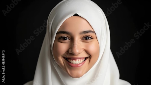 Beautiful Smiling Muslim Woman in White Hijab Expressing Joy and Confidence on Black Background
