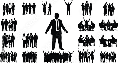 Business teamwork silhouette vector illustration set with leadership, corporate meeting, professional collaboration, success celebration, organizational culture design