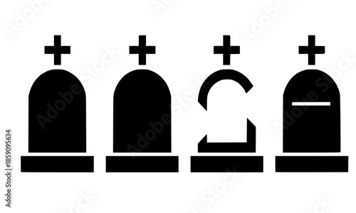 Halloween Graveyard Tombstone Silhouette Vector Set with Crosses, Spooky Cemetery Gravestone Black Illustration Pack, RIP Headstone Gothic Design, Horror Night Cemetery Graphic, Scary Funeral Memorial