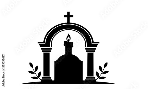 Christian Shrine with Candle and Cross Silhouette Vector Illustration, Religious Altar Memorial Black Line Art, Eternal Flame Prayer Vigil Graphic, Faith Symbol Cemetery Tombstone Design, Spiritual 
