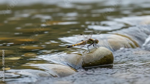 Dragonfly rests gracefully on a smooth stone amidst the gentle flow of a clear, tranquil stream