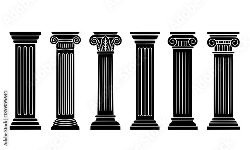 Ancient Greek Roman Columns Silhouette Vector Set, Classical Ionic Doric Corinthian Pillars Black Illustration Pack, Architecture Ornate Column Capitals Graphic, Historical Temple Building Elements 